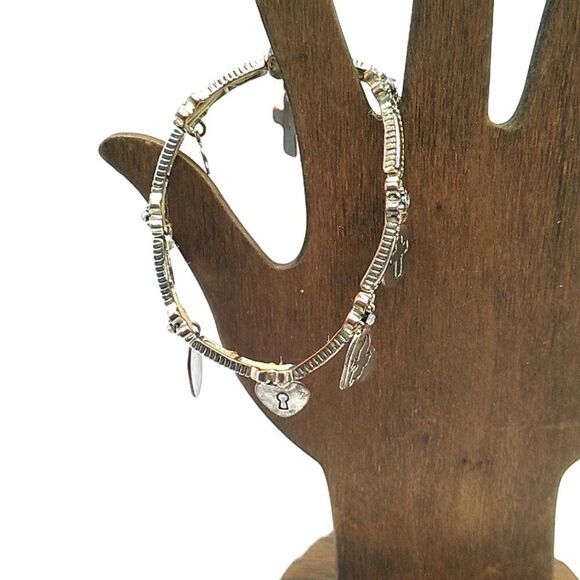 Inspirational Cross, Heart, Fish Stretch Silver-tone Charm Bracelet - Picture 6 of 8